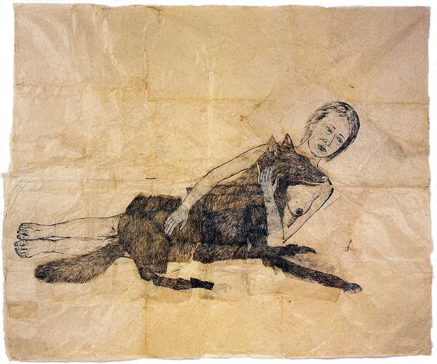 Kiki SmithLying with the Wolf2001Ink and pencil on paper, 72 1/4 x 88 inchesPhoto by Kerry Ryan McFateCourtesy PaceWildenstein, New Yorkwww.pacewildenstein.com